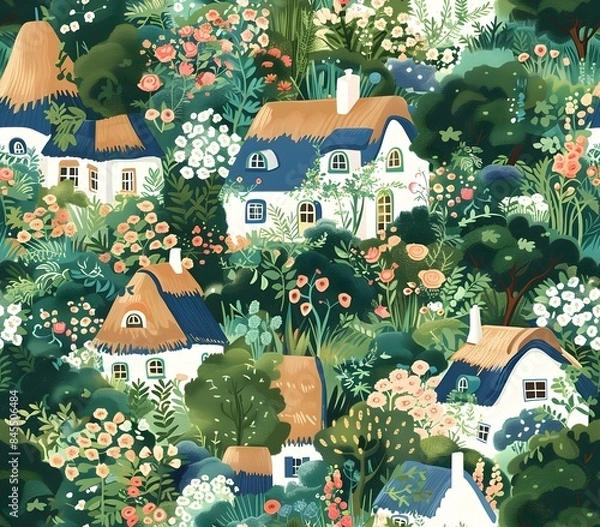 Fototapeta Whimsical Storybook Inspired Cottages Nestled in Lush Overgrown Gardens with Vibrant Floral Patterns and Rustic Charm