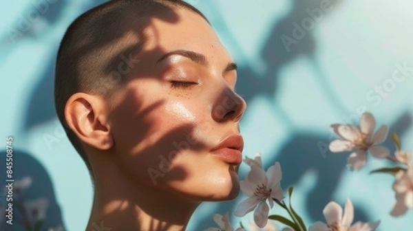 Obraz beautiful young woman with a shaved head on a light background with botanical shadows and light, the concept of summer care, aesthetics and extraordinary beauty
