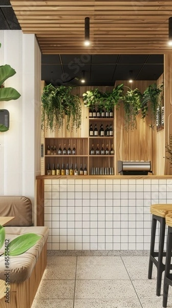 Fototapeta a coffee shop interior with a white tiled bar, wooden counter, and green chairs, showcasing both front and side views against a white brick wall background.