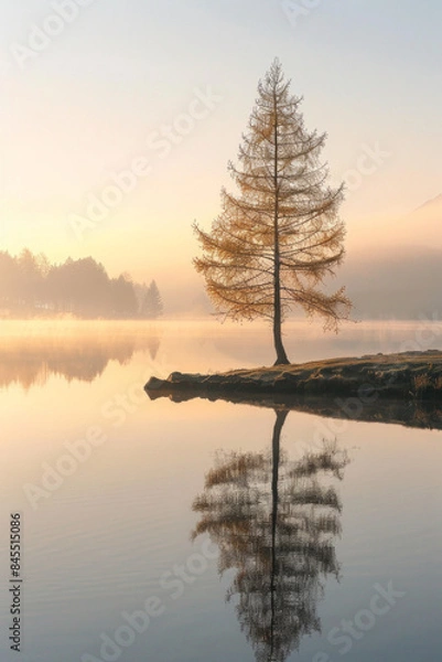 Fototapeta A solitary tree standing by a calm lake at dawn, with gentle mist rising and the first light of day casting a golden glow, evoking a sense of peace and tranquility. 