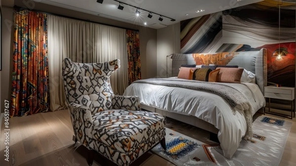 Fototapeta A chic bedroom with an artistic flair, featuring an abstract-patterned armchair, a luxurious bed with a custom headboard, artistic drapes that add a splash of color.