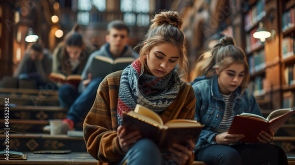 Fototapeta Students Reading Books in a Cozy Library Setting