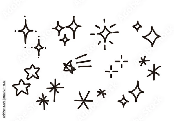 Fototapeta Set of hand drawn light, star and sparkle effect drawing illustrations in cartoon and doodle style.