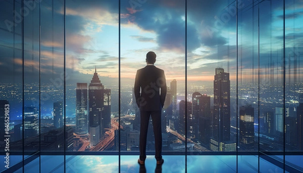 Obraz People in a busy city, with skyscrapers and office buildings in the background