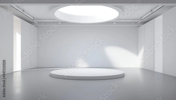 Obraz A 3D Render of an Empty White Room with Shelves and Frames, Ideal for Exhibitions or Home Decor