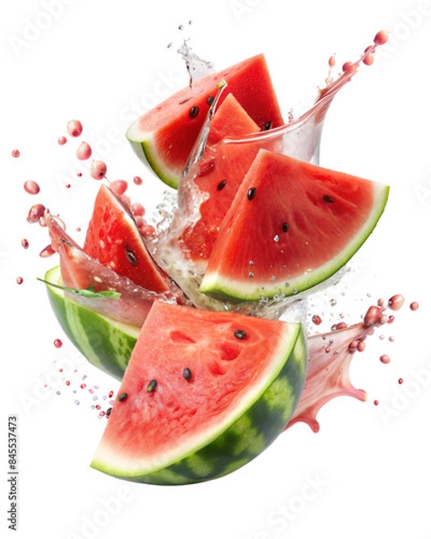 Fototapeta Watermelon  slices flying in splash of watermelon juice, isolated on white background