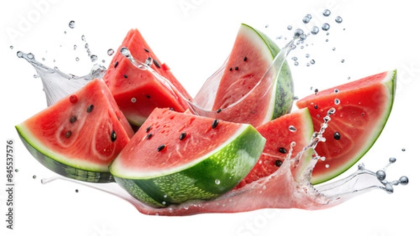 Fototapeta Watermelon  slices flying in splash of watermelon juice, isolated on white background