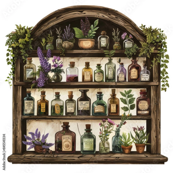 Obraz Rustic Herbal Apothecary Shelf with Vintage Bottles and Fresh Herbs