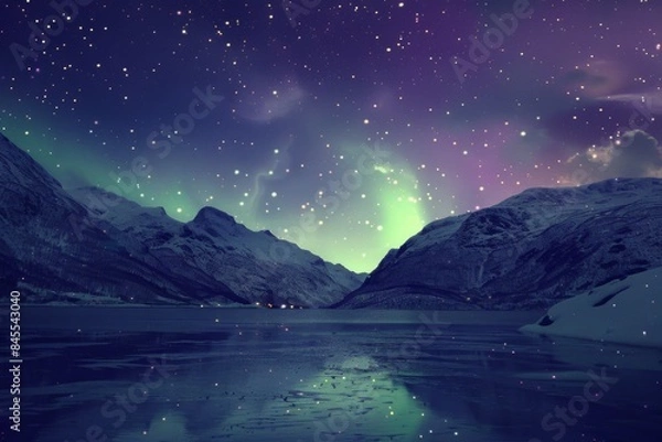 Fototapeta Witness the mesmerizing dance of green and purple aurora borealis illuminating the starry Norwegian night sky.