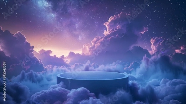 Fototapeta Spectacular scene with a podium set against the celestial canvas of the night sky, stars, and clouds