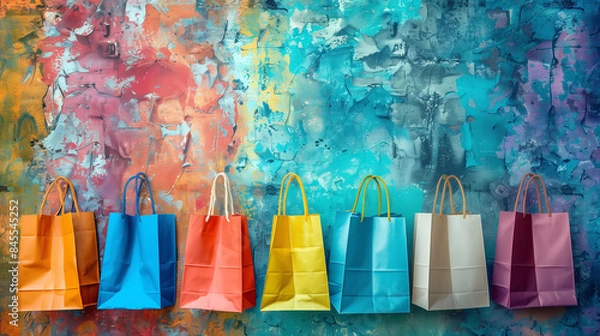 Fototapeta A row of vibrant paper shopping bags against a textured, multicolored backdrop