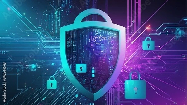 Obraz Secure internet connection, cybersecurity concept digital design, unique illustration related to technology, cyberspace and computer in purple & 
 blue theme