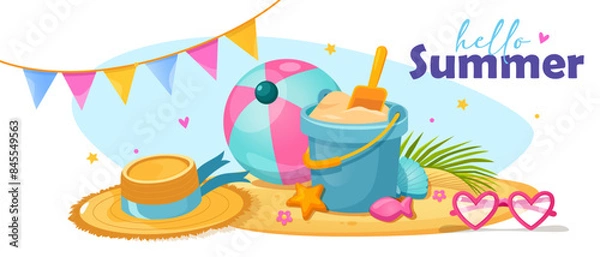 Fototapeta Summer banner with kids beaches toys, inflatable pool ball, summer hat, garland and sunglasses.
