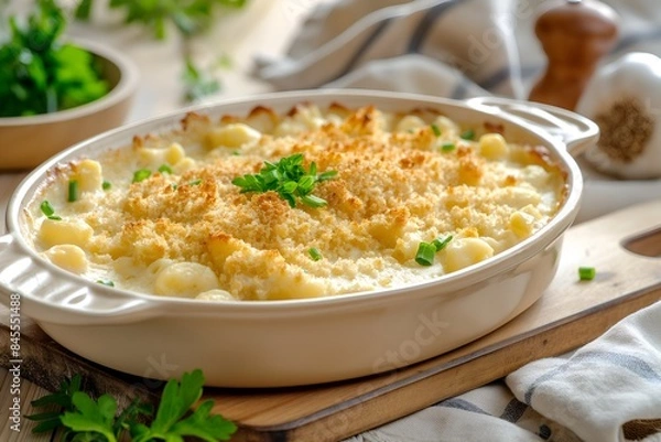 Fototapeta Close-Up Delicious Comforting Dish Of Mac And Cheese With A Golden Breadcrumb Topping In Food Restaurant Interior, Food Photography, Food Menu Style Photo Image