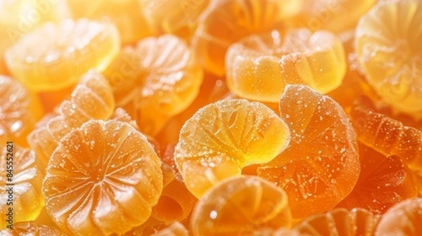 Fototapeta Close-up of lemon-shaped jelly fruit snack, vibrant and glossy, with assorted flavors, isolated on a clean background, with precise studio lighting