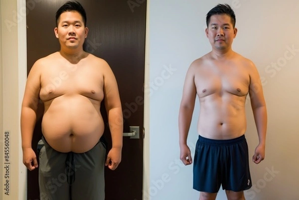 Fototapeta Before and after comparison of a man's weight loss journey, standing confidently.