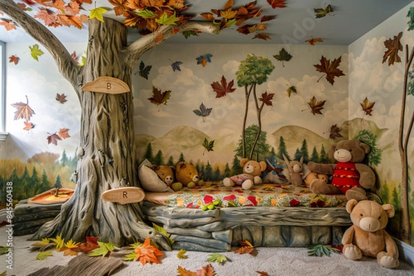 Fototapeta A woodland-themed kid's room with a tree bed, forest animals stuffed toys, and walls painted with trees and leaves
