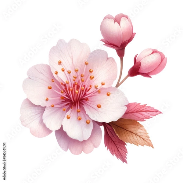 Fototapeta Watercolor illustration clipart of a soft pink cherry blossom isolated on transparent background