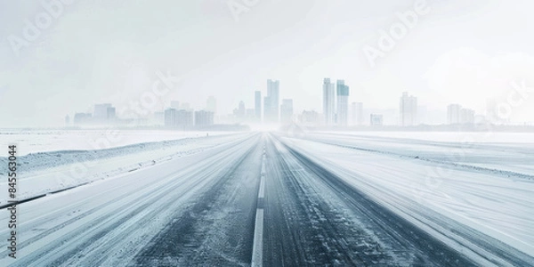 Fototapeta A highway with a city skyline in the distance and snow-covered ground is set against a white backdrop, presenting a winter scenery.