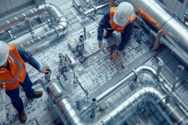 Fototapeta Plumbers Installing Complex Pipe Network in Commercial Building with Blueprints and Schematics