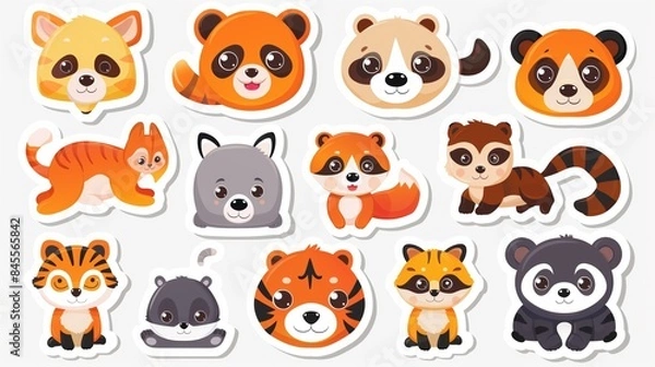 Fototapeta Colorful collection of cartoon baby animals on a white background. Cute wildlife theme stickers set.