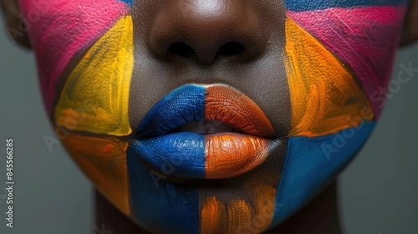 Fototapeta Attractive image of an African American woman with intricate colored geometric patterns on her face