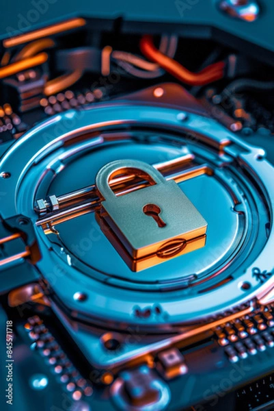 Obraz A hard drive with a padlock icon or digital encryption symbol, representing data security and encryption