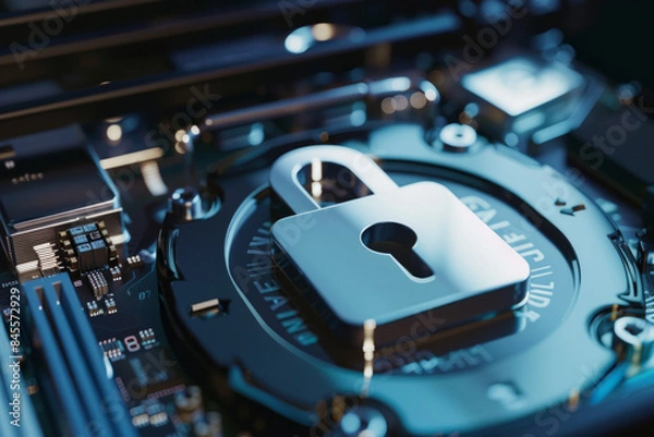 Fototapeta A hard drive with a padlock icon or digital encryption symbol, representing data security and encryption