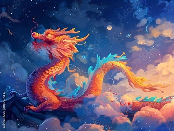 Fototapeta Energetic Dragon Dance at a Vibrant Chinese Festival Against a Captivating Starry Night Sky Background