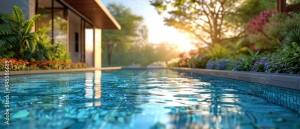 Fototapeta Tranquil Poolside View With Lush Greenery and Afternoon Sun