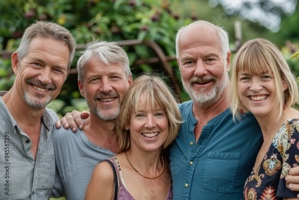 Fototapeta Portrait of a group of seniors in a garden smiling to the camera
