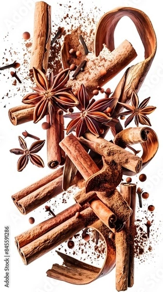 Obraz cinnamon floating in the air realistic with white background, isolated, spices, holiday time