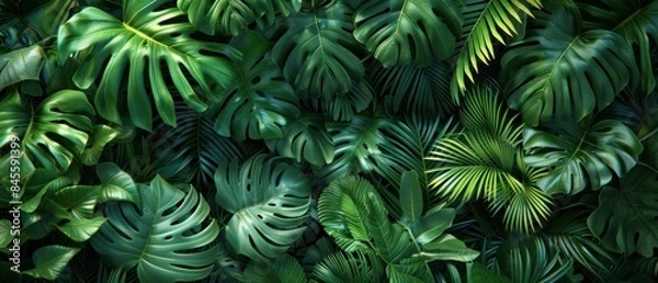 Fototapeta Dense foliage of lush green leaves, creating a tropical backdrop.