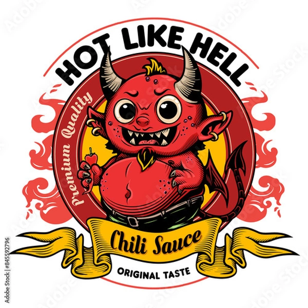 Fototapeta "Hot like Hell. Chili Sause. Original taste. Premium quality" - Sauce design label. Vector illustration in engraving technique of cute little horned devil with wings. 