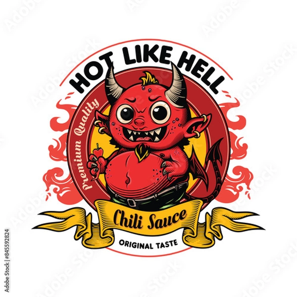 Fototapeta "Hot like Hell. Chili Sause. Original taste. Premium quality" - Sauce design label. Vector illustration in engraving technique of cute little horned devil with wings. 
