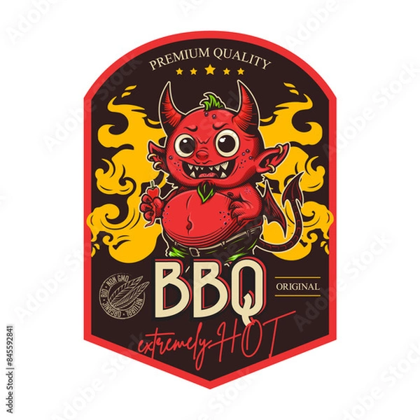 Fototapeta "BBQ. Extremely hot. Original. Premium quality" - Sauce design label. Vector illustration in engraving technique of cute little horned devil with wings. 