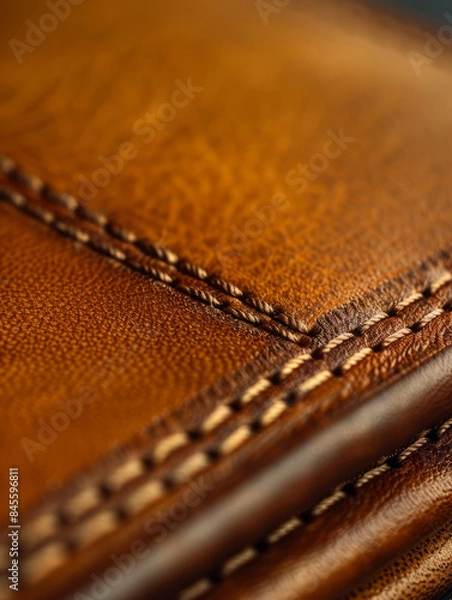 Fototapeta Close-up of brown leather with detailed stitching.