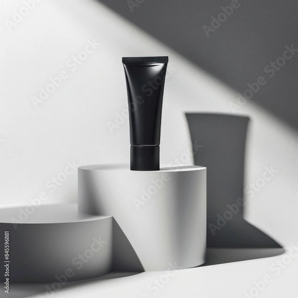 Fototapeta A professional cosmetic setup showcasing a black tube on a podium. The simple design is accentuated by shadows, providing a clean and aesthetically pleasing background.