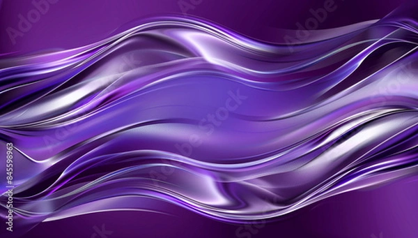 Fototapeta 3D render, abstract purple background with wavy metallic elements, metallic silver and violet colors, shiny chrome waves in the style of metallic elements