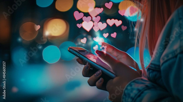 Fototapeta A young woman is holding a phone with likes from social media displayed on the screen. The problem of dependence on public opinion