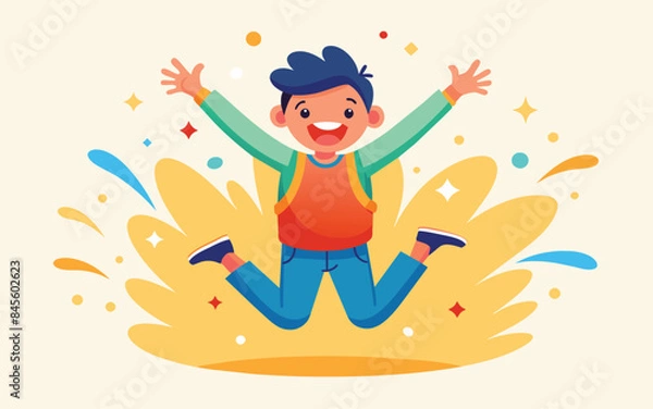 Fototapeta happy boy jumping with arms up in the air