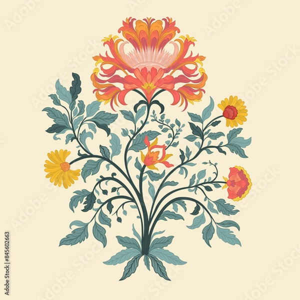 Fototapeta Mughal Art is a traditional bunch flower of floral ornaments. A multi-color motif on a light background, isolated element. Fantasy traditional bouquet.