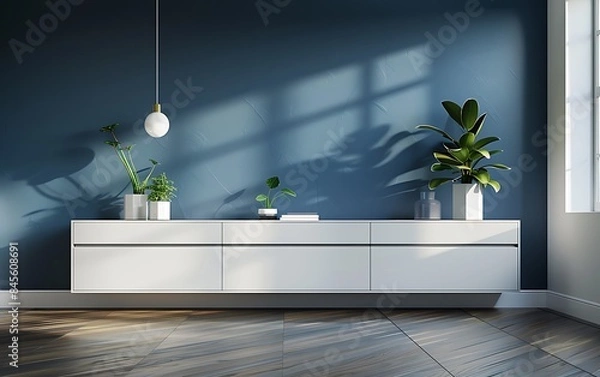 Fototapeta Modern living room interior with a white cabinet and dark blue wall mock up, Minimal style home design concept background, 3D rendering illustration