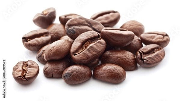 Fototapeta An up-close view of roasted coffee beans shows their dark, glossy appearance and textured details. Perfect for brewing, these beans promise a strong and aromatic cup of coffee.
