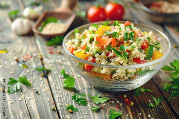 Fototapeta Fresh Proso Millet Salad with Colorful Vegetables and Light Vinaigrette in Glass Bowl