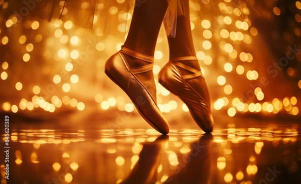 Fototapeta A ballet dancer on pointe, illuminated by warm, glowing lights, creating an elegant and ethereal atmosphere.