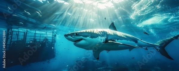Fototapeta Shark Cage Diving in South Africa  Diving into the ocean in a protected cage to view great white sharks up close