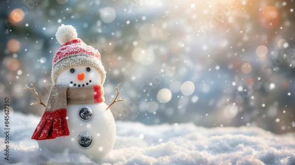Fototapeta A cheerful snowman with a knit hat and scarf poses in a snowy landscape amid falling snowflakes