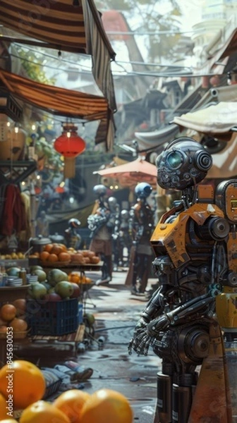 Obraz A robot stands in front of a fruit stand with oranges and apples