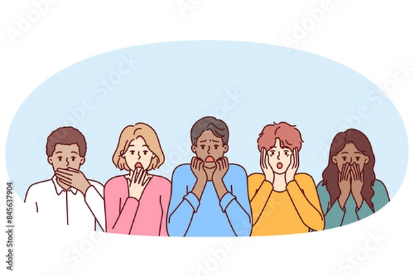 Fototapeta Frightened diverse people open mouths touch faces and experience shock and panic. Multiethnic frightened men and women are frightened after hearing unexpected news about problems in economy